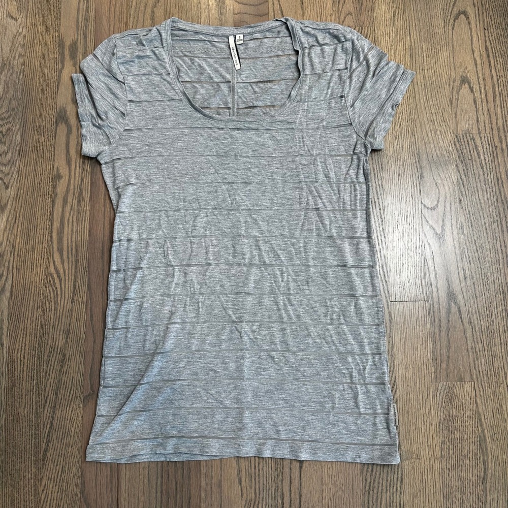 Calvin Klein Jeans Sheer Striped Tee Shirt Women's Size Small Grayβ S/S Top